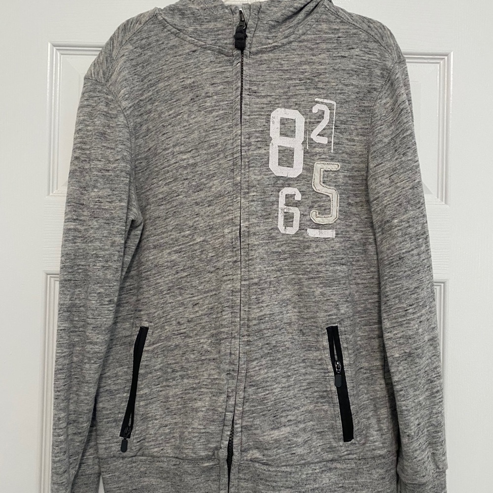 Grey Zip Up Sweater w/ white numbers